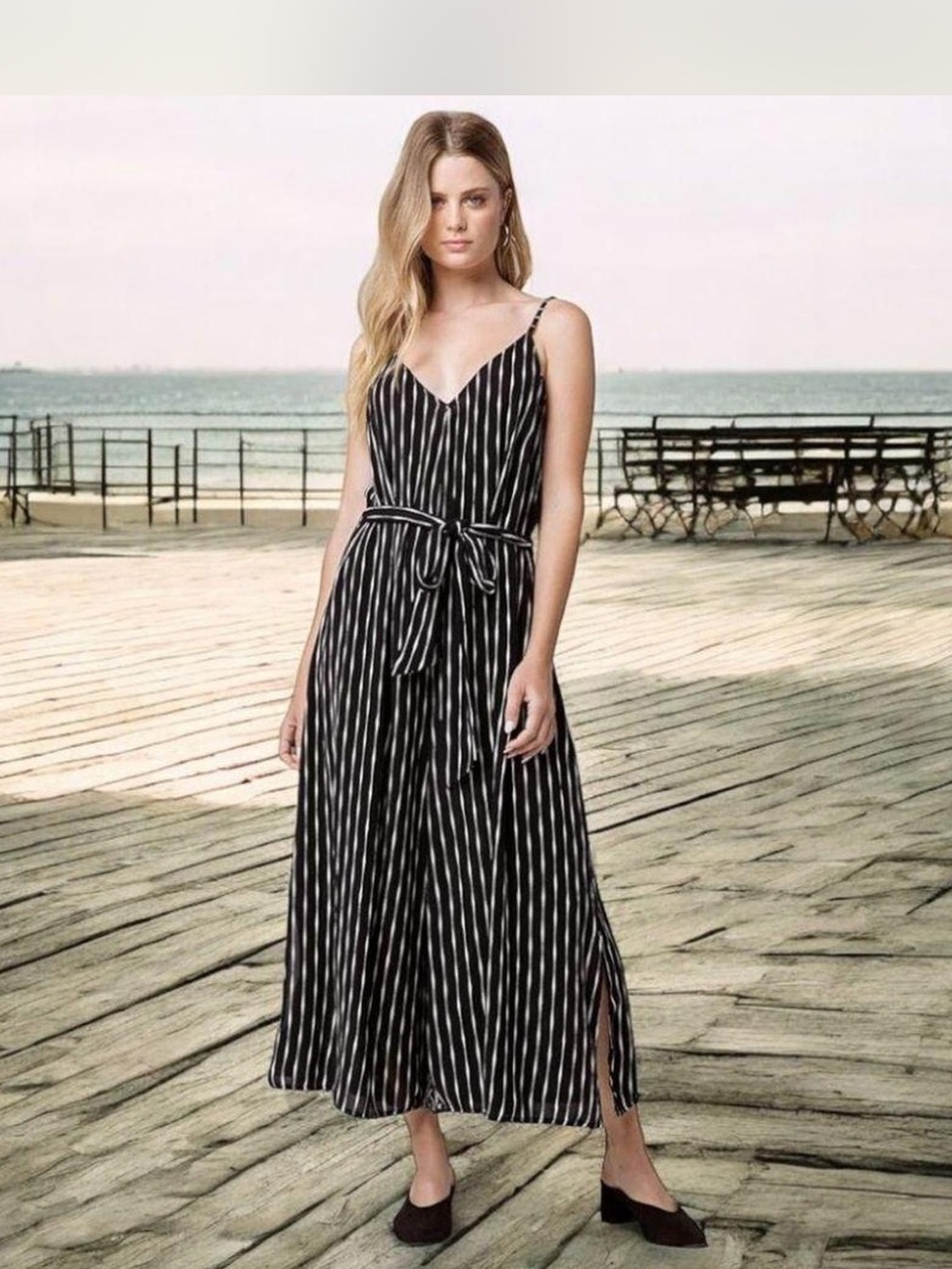 Billabong Black and White Striped Spaghetti Strap Jumpsuit